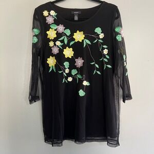 Alfani Black Mesh Floral Embroidered 3/4 Sheer Sleeve Tunic Top Medium Boho Luxe